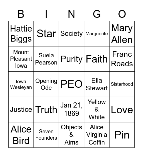 PEO BINGO Card