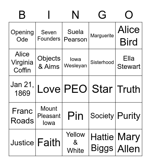 PEO Bingo Card