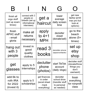 January 2022 Bingo Card