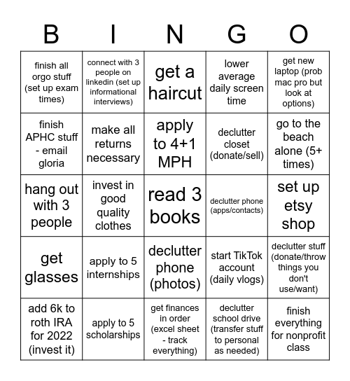 January 2022 Bingo Card