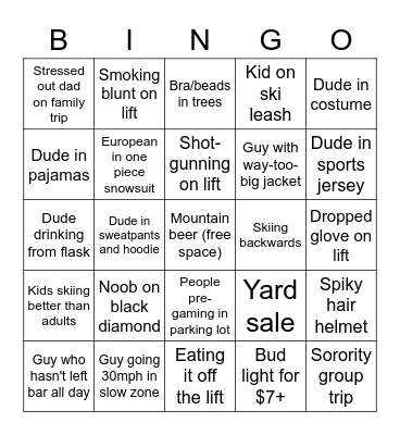 Ski Trip Bingo Card