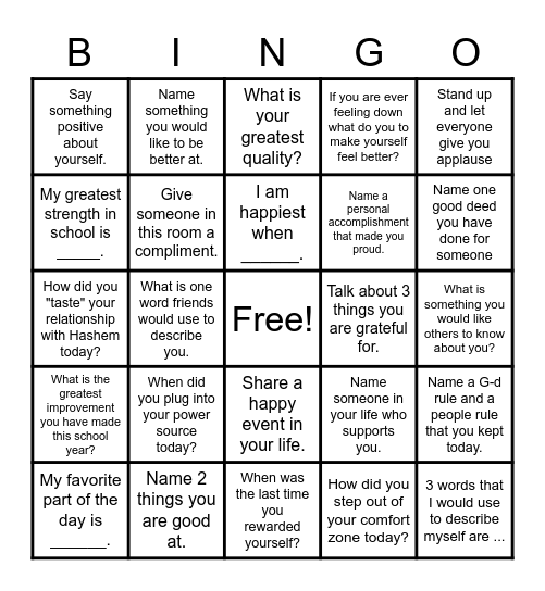 Self-Esteem Bingo! Bingo Card