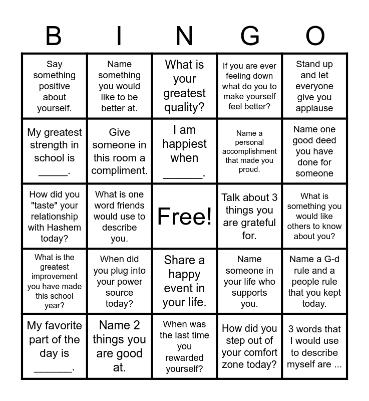 Self-esteem Bingo! Bingo Card