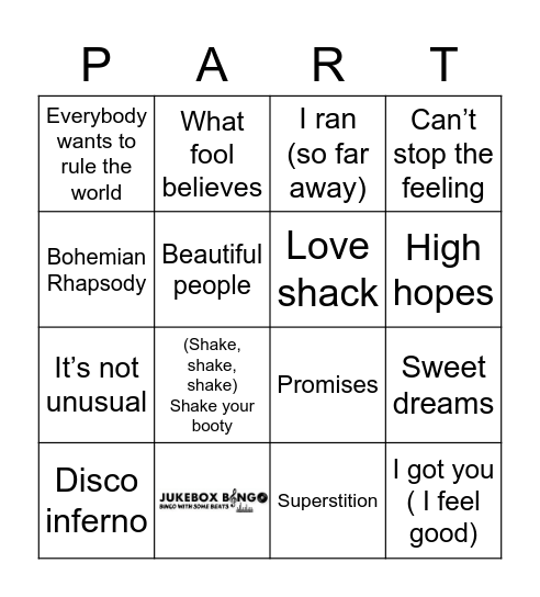 JukeBox Bingo PARTAY Bingo Card