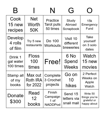 2022 Goals Bingo Card
