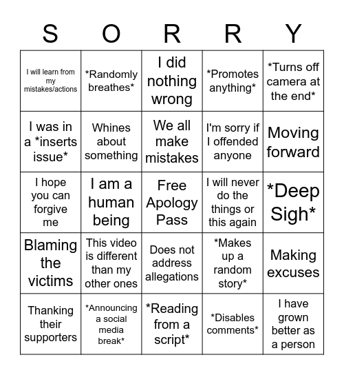 Apology Bingo Card Bingo Card