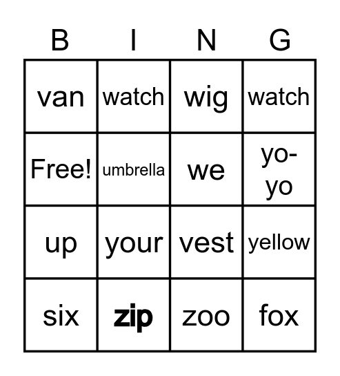 Phonics Bingo : U to Z Bingo Card