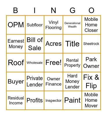 Mobile Home Investing Bingo Card