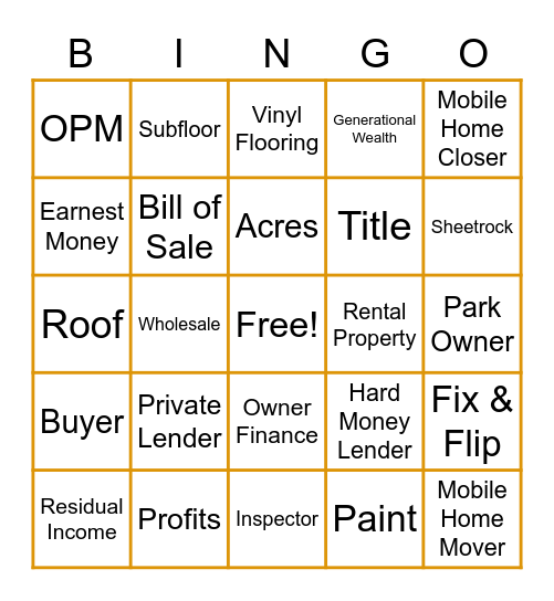 Mobile Home Investing Bingo Card