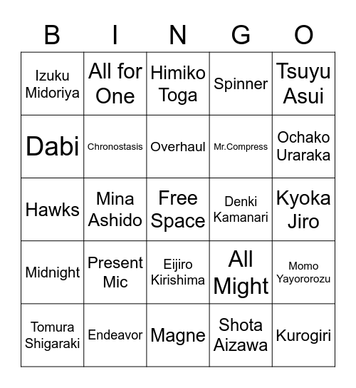 My Hero Academia Bingo Card