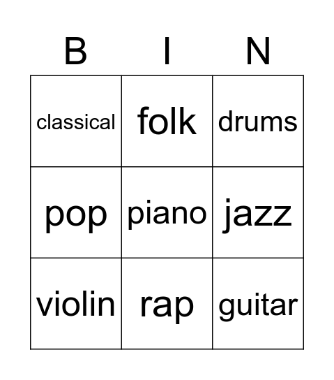 musical instruments Bingo Card