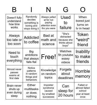 Undiagnosed ADHD girl Bingo Card