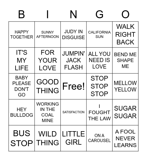 60'S HITS Bingo Card