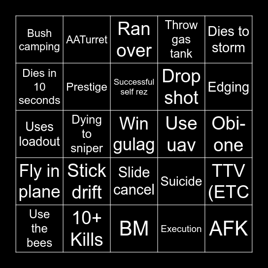 Warzone bingo Card