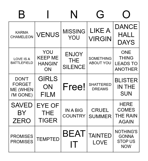 80'S HITS Bingo Card