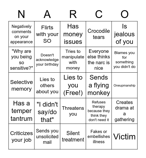 Narc-o Bingo Card