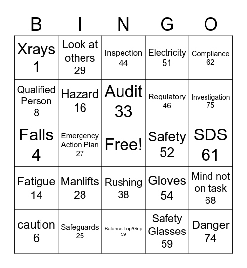 Safety Week 2021 Bingo Card