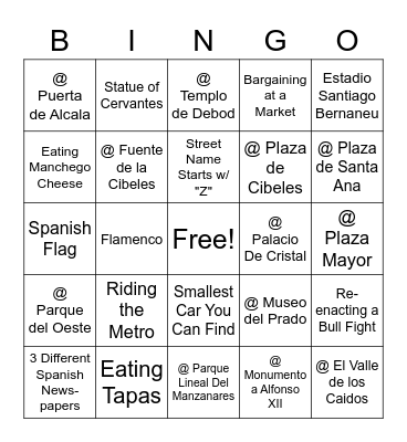Getting to Know Madrid Photo Scavenger Hunt! Bingo Card