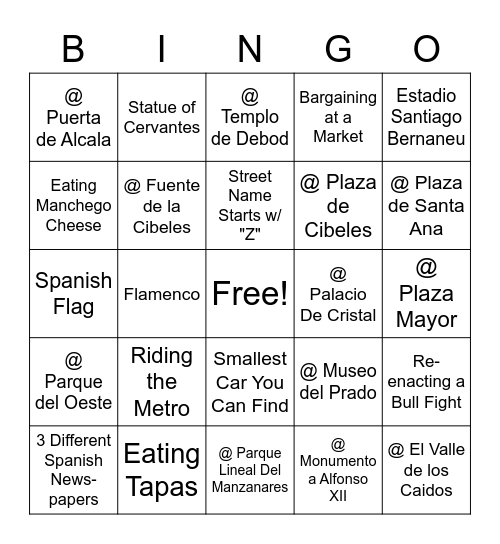 Getting to Know Madrid Photo Scavenger Hunt! Bingo Card