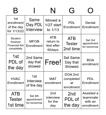 Admissions Blitz Bingo Card