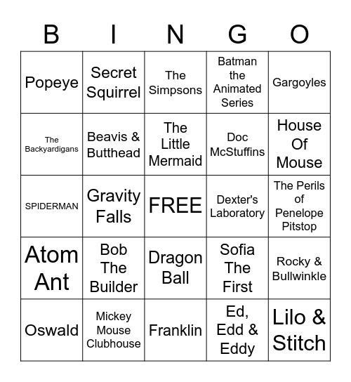 CARTOONS BINGO Card