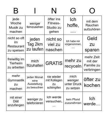 Gute Vorsätze für das Neujahr Bingo Card