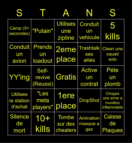 Warzone Stans Bingo Card