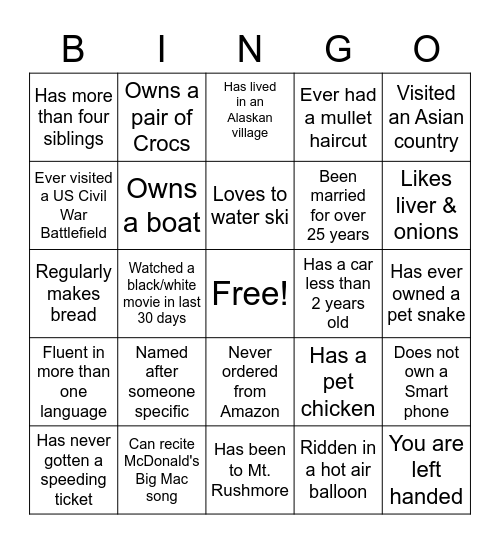 GET TO KNOW YOU BINGO Card