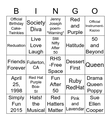 T-City Red Hatters Bingo Card