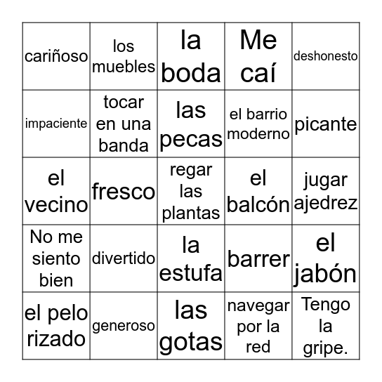 Un repaso de vocabulario Bingo Card