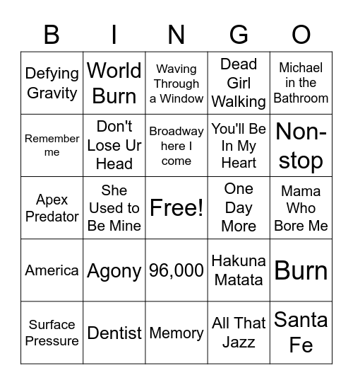 Showtunes Bingo Card