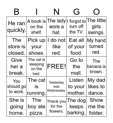 Sentence Bingo Card