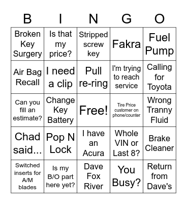 Parts Dept. Bingo! Bingo Card