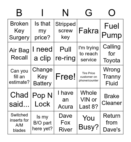 Parts Dept. Bingo! Bingo Card