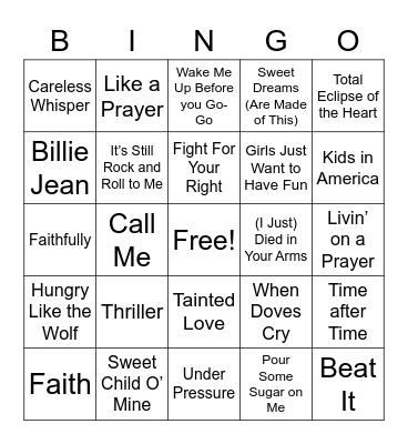 80s Music Bingo NYE Bingo Card
