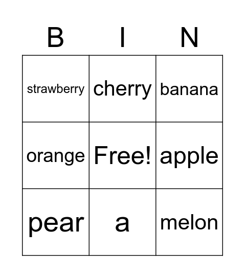 Fruits & Vegetables Bingo Card