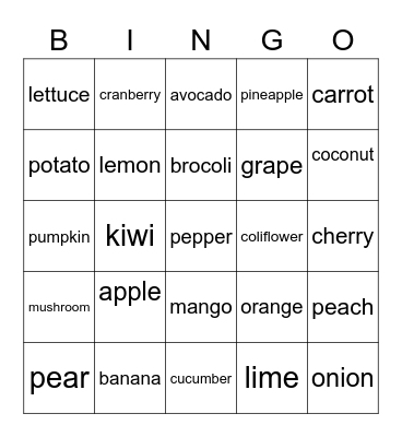 Fruits and Vegetables Bingo Card