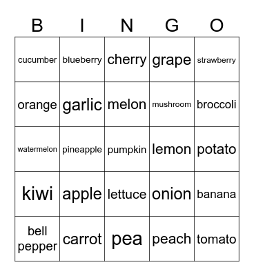 Fruit & Vegtable Bingo Card