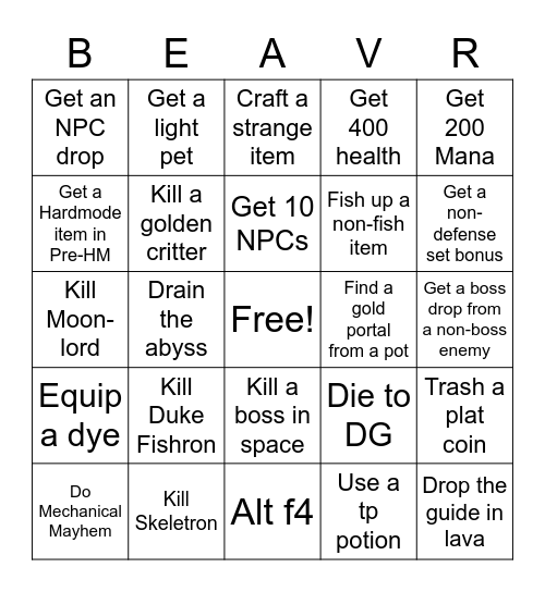 beaverrac's Terraria Randomizer Bingo Card