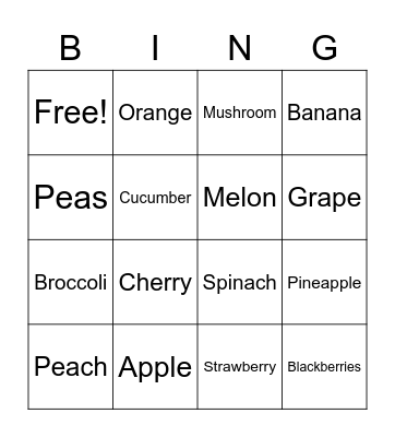 Fruits & Vegetables Bingo Card