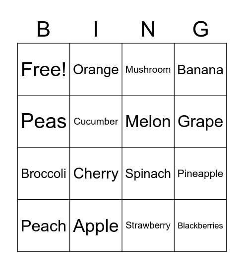 Fruits & Vegetables Bingo Card