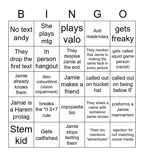 Jamie tinder bingo Card