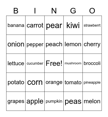 vegetable and fruit Bingo Card