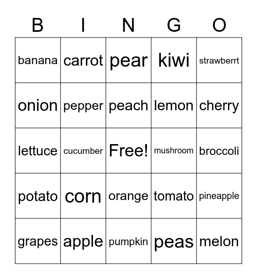 vegetable and fruit Bingo Card