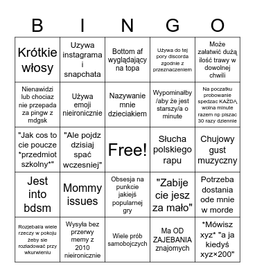 Osoba która jest w stanie na mnie polecieć Bingo Card