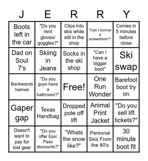 Ski Shop Bingo Card