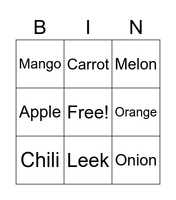 Fruits and Vegetables Bingo Card