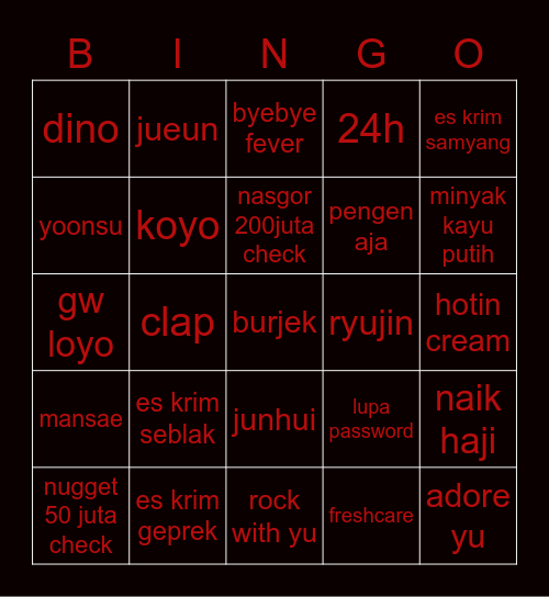 hendery Bingo Card