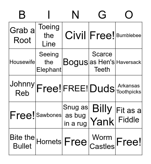 Civil War Lingo Bingo Card
