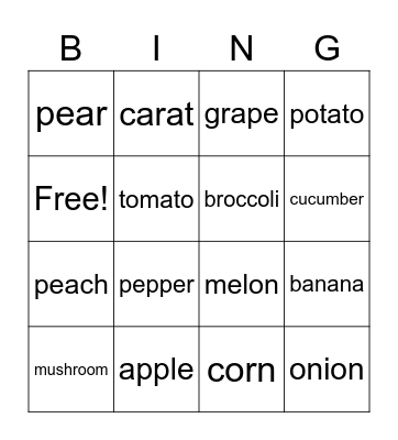 Fruits and Vegetables Bingo Card